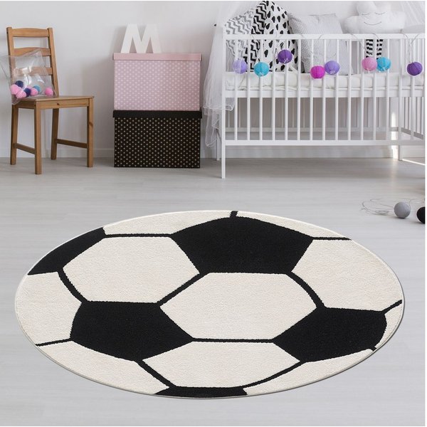 TeppichHome24 Kinderteppich Fußballteppich rund Weich & robust für Kinderzimmer in Schwarz Weiß, rund, Höhe: 12 mm
