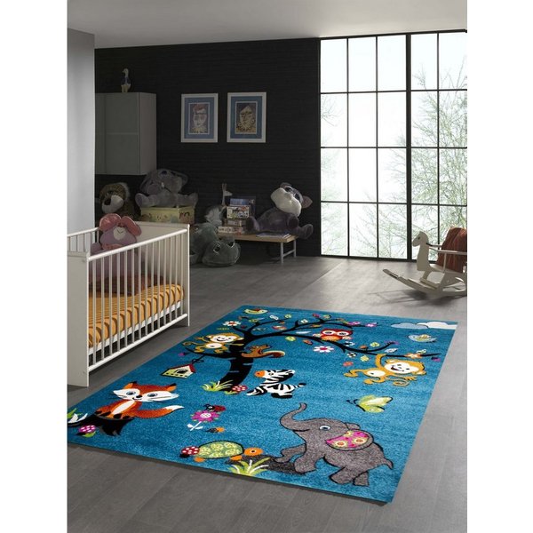 TeppichHome24 Kinderteppich Kinderzimmer Teppich Zootiere in blau, rechteckig, Höhe: 11 mm