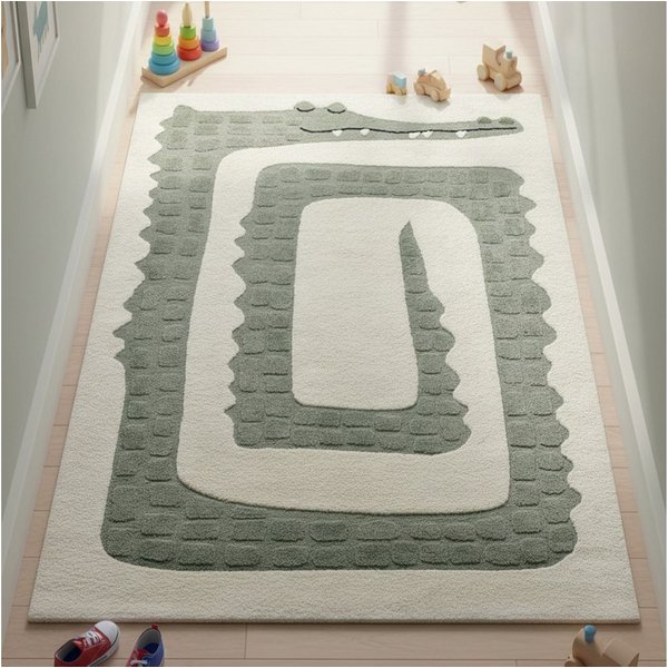 TeppichHome24 Kinderteppich Kinderteppich Krokodil Grün Creme pflegeleicht weich robust, rechteckig, Höhe: 14 mm