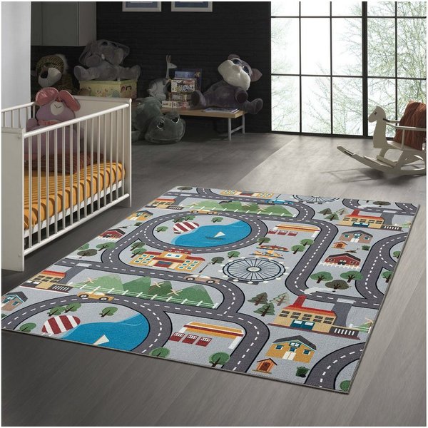TeppichHome24 Kinderteppich Spielteppich - Straßenteppich in Grau, rechteckig, Höhe: 10 mm