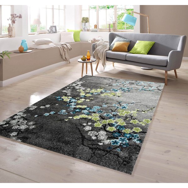 TeppichHome24 Teppich Designer Teppich mit Blumenmotiv Grau Türkis Grün, rechteckig