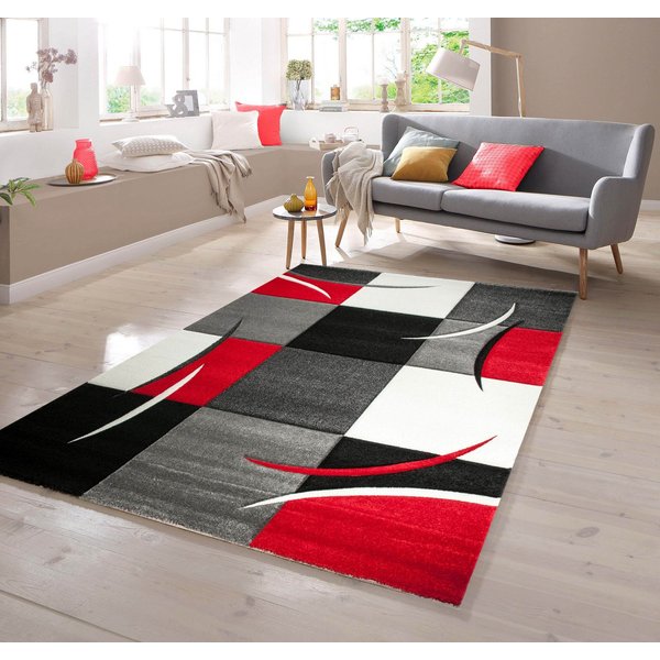 TeppichHome24 Teppich Designer Teppich mit Konturenschnitt Karo Muster Rot Grau Weiß Schwarz, rechteckig