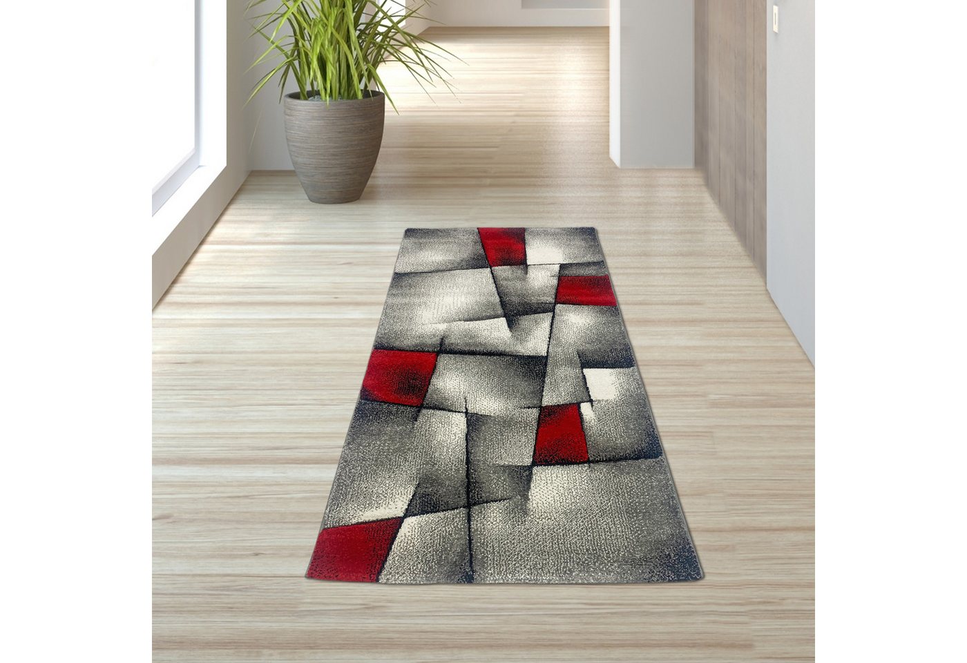 TeppichHome24 Teppich Designer Teppich mit Konturenschnitt Karo Muster Rot Grau Weiß Schwarz, rechteckig – Bild 3 von 5