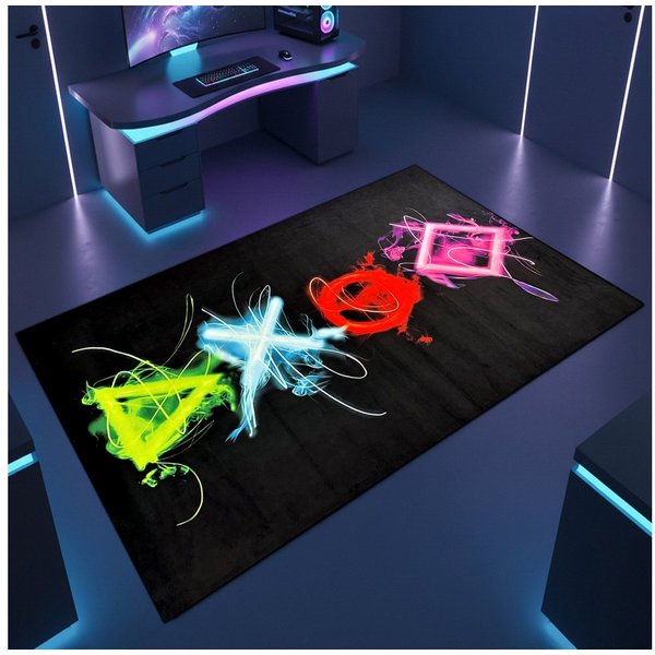 TeppichHome24 Teppich Gaming Teppich mit neonfarbigen Symbolen, rechteckig, pflegeleicht, gleichmäßige Oberfläche, für Fußbodenheizung geeignet
