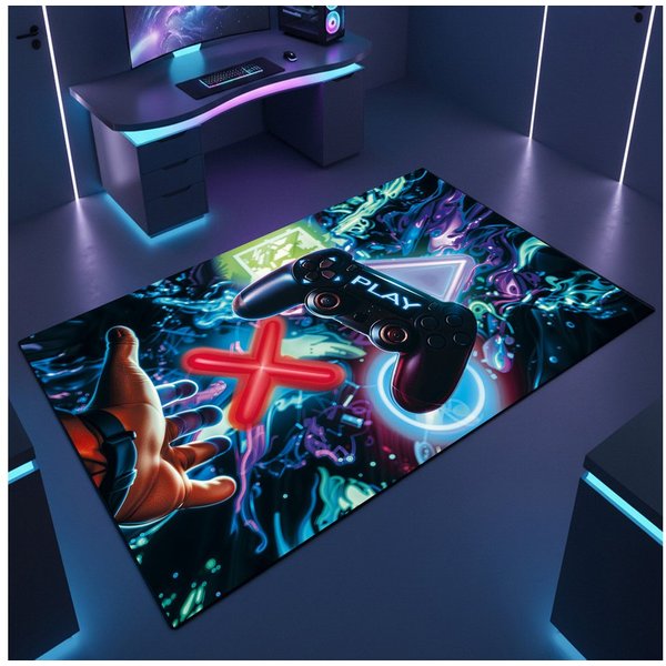 TeppichHome24 Teppich Gaming Teppich mit neonfarbigen Symbolen, rechteckig, pflegeleicht, gleichmäßige Oberfläche, für Fußbodenheizung geeignet