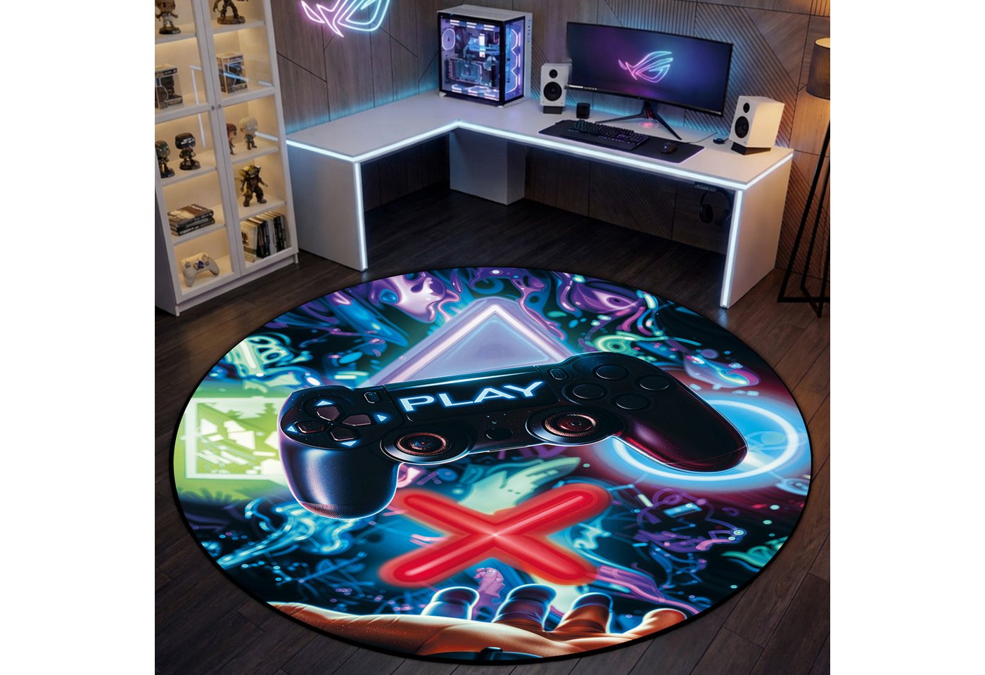 TeppichHome24 Teppich Gaming Teppich mit neonfarbigen Symbolen, rechteckig, pflegeleicht, gleichmäßige Oberfläche, für Fußbodenheizung geeignet – Bild 2 von 5