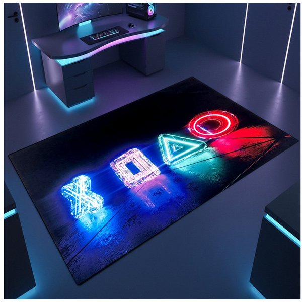 TeppichHome24 Teppich Gaming Teppich mit neonfarbigen Symbolen, rechteckig, pflegeleicht, gleichmäßige Oberfläche, für Fußbodenheizung geeignet