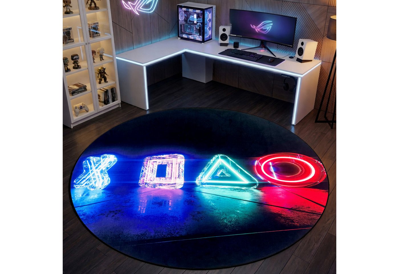 TeppichHome24 Teppich Gaming Teppich mit neonfarbigen Symbolen, rechteckig, pflegeleicht, gleichmäßige Oberfläche, für Fußbodenheizung geeignet – Bild 2 von 5