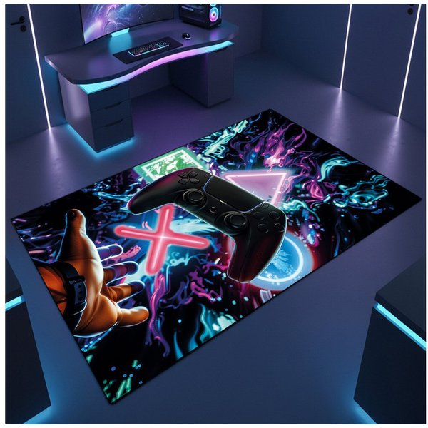 TeppichHome24 Teppich Gaming Teppich mit neonfarbigen Symbolen, rechteckig, pflegeleicht, gleichmäßige Oberfläche, für Fußbodenheizung geeignet