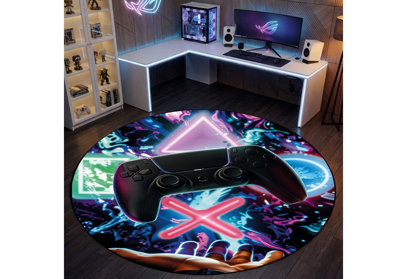 TeppichHome24 Teppich Gaming Teppich mit neonfarbigen Symbolen, rechteckig, pflegeleicht, gleichmäßige Oberfläche, für Fußbodenheizung geeignet – Bild 2 von 5