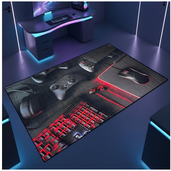 TeppichHome24 Teppich Gaming Teppich mit neonfarbigen Symbolen, rechteckig, pflegeleicht, gleichmäßige Oberfläche, für Fußbodenheizung geeignet