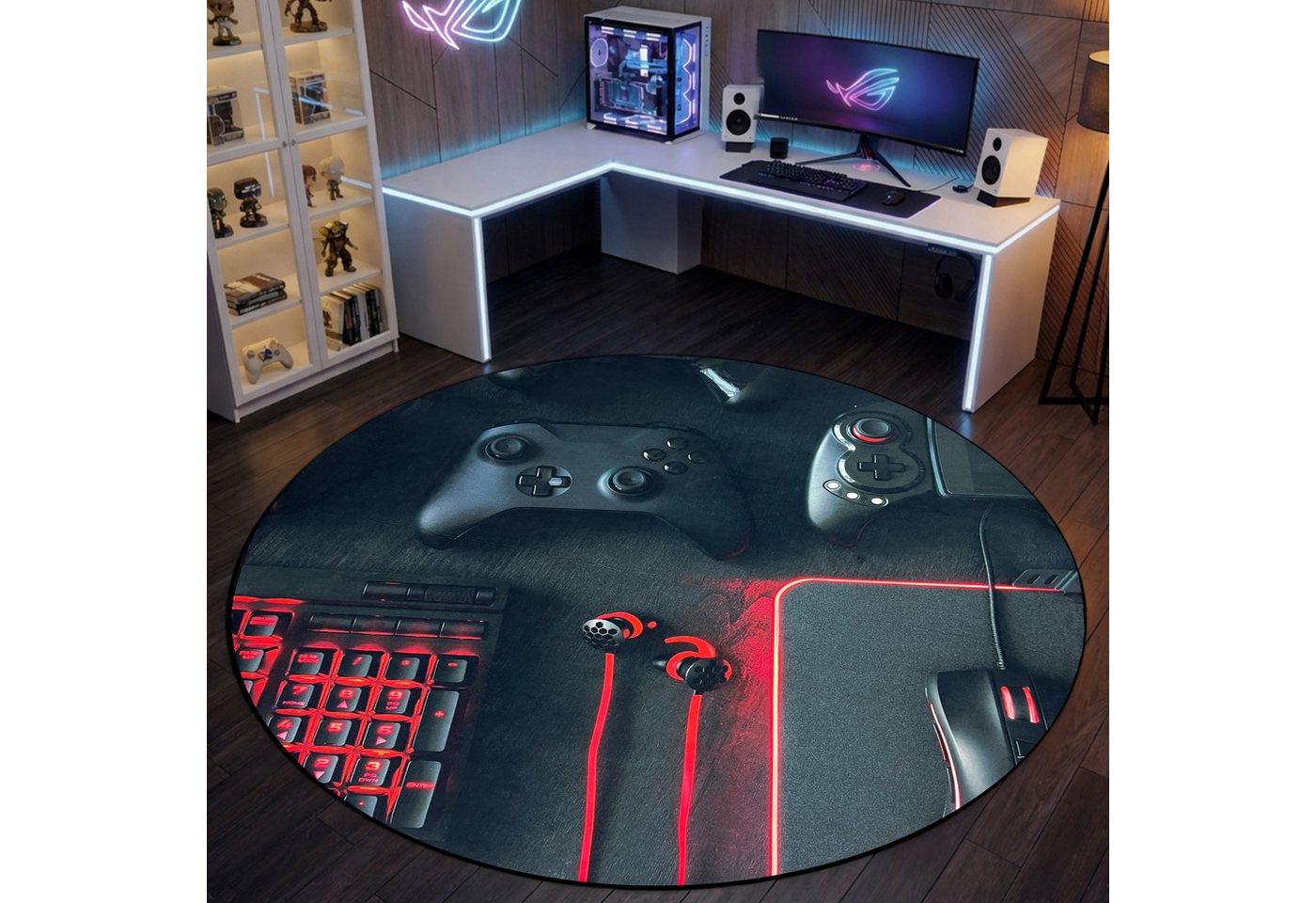 TeppichHome24 Teppich Gaming Teppich mit neonfarbigen Symbolen, rechteckig, pflegeleicht, gleichmäßige Oberfläche, für Fußbodenheizung geeignet – Bild 2 von 5