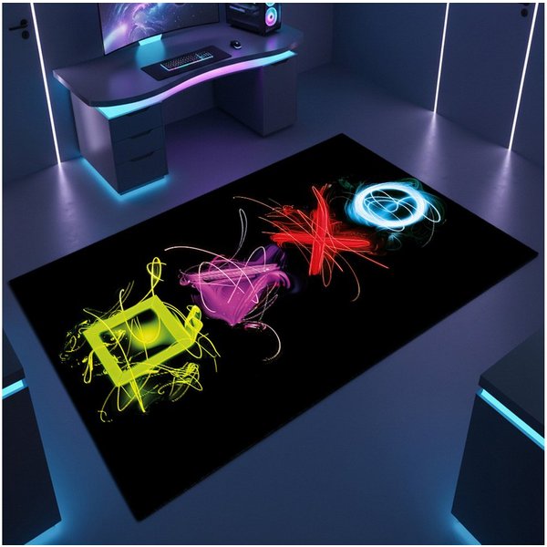 TeppichHome24 Teppich Gaming Teppich mit neonfarbigen Symbolen, rechteckig, pflegeleicht, gleichmäßige Oberfläche, für Fußbodenheizung geeignet