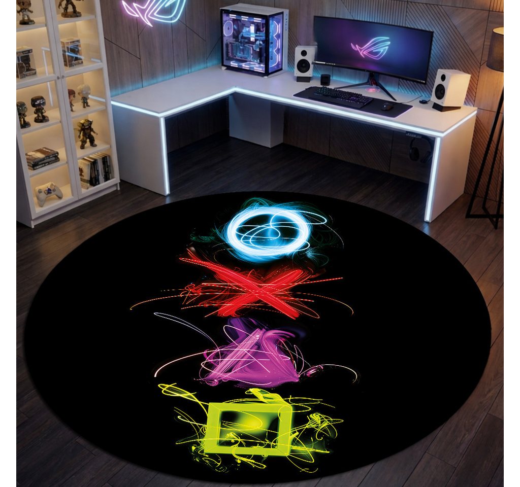 TeppichHome24 Teppich Gaming Teppich mit neonfarbigen Symbolen, rechteckig, pflegeleicht, gleichmäßige Oberfläche, für Fußbodenheizung geeignet – Bild 2 von 5