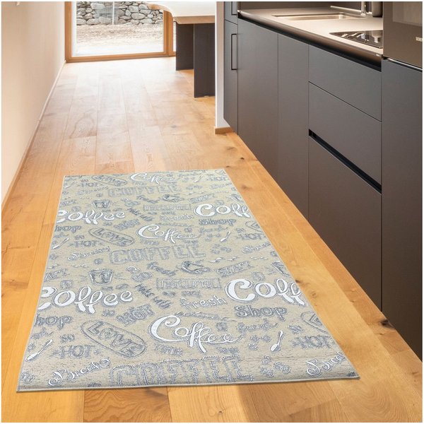 TeppichHome24 Teppich Waschbarer Küchen-Teppich mit „Coffee“ Schriftzug in weiß, rechteckig, Höhe: 5 mm