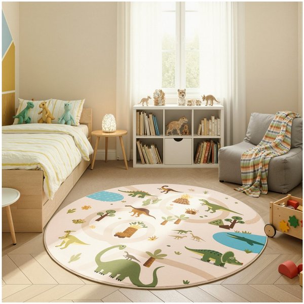 Teppium Teppich Bunte Dino Welt, Rund, Höhe: 5 mm, Teppich Kinderzimmer
