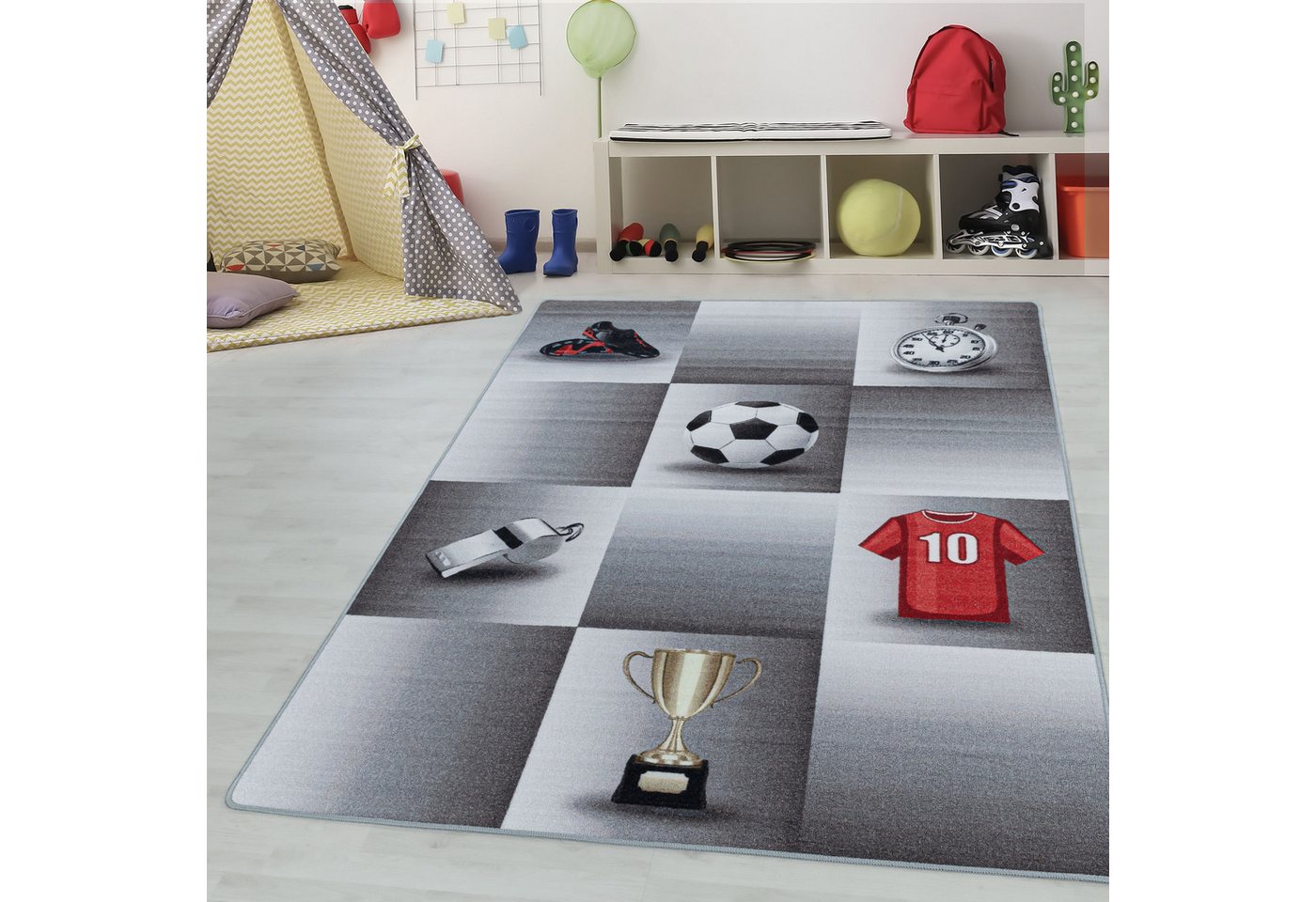 Teppium Teppich Fußball-Design, Rechteckig, Höhe: 7 mm, Kinderteppich Fußball-Design Teppich Kinderzimmer Rutschfest Waschbar – Bild 2 von 5