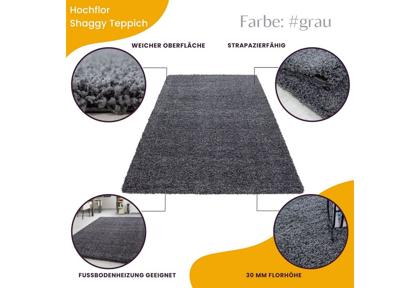 Teppium Teppich Unicolor - Einfarbig, Rechteckig, Höhe: 30 mm, Einfarbig Shaggy Teppich Wohnzimmer Langflor versch. farben und größen – Bild 3 von 5
