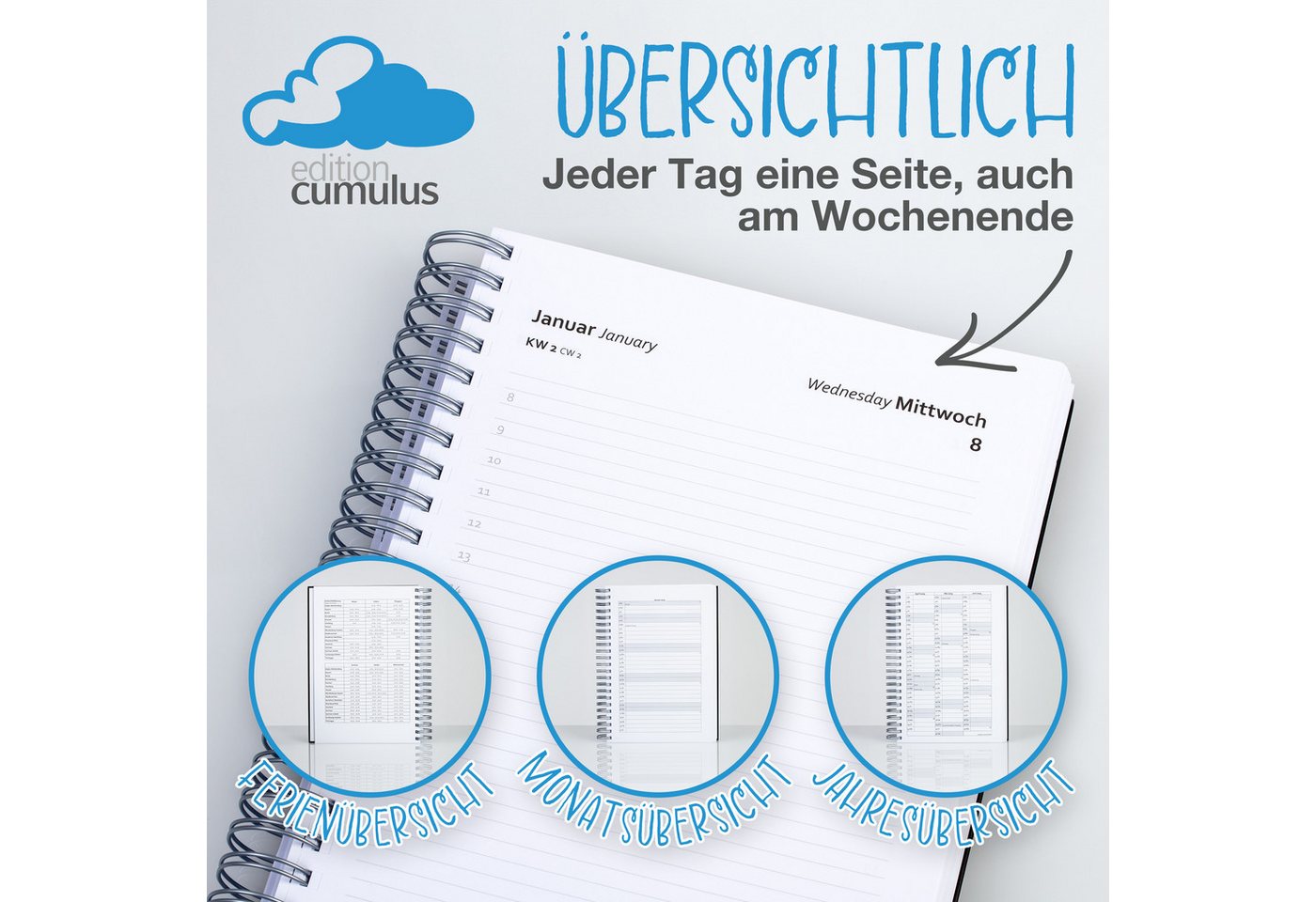edition cumulus Terminkalender edition cumulus Der GROSSE DICKE Tageskalender 2027 DIN A4 1Tag=1Seite, 1 Tag pro Seite, DIN A4, FSC-Papier, Notizbereich, Made i – Bild 3 von 5