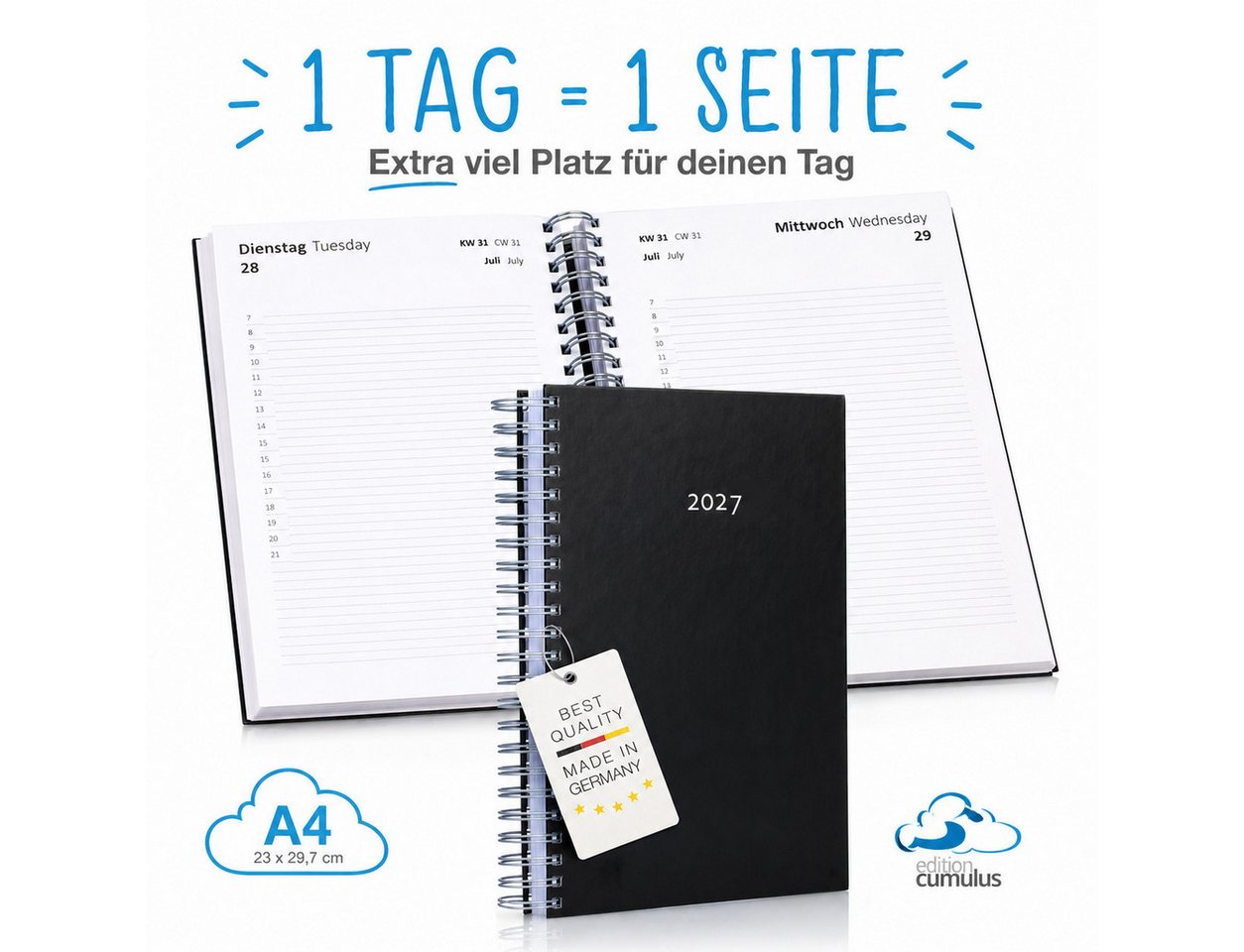 edition cumulus Terminkalender edition cumulus Der GROSSE DICKE Tageskalender 2027 DIN A4 1Tag=1Seite, 1 Tag pro Seite, DIN A4, FSC-Papier, Notizbereich, Made i – Bild 5 von 5