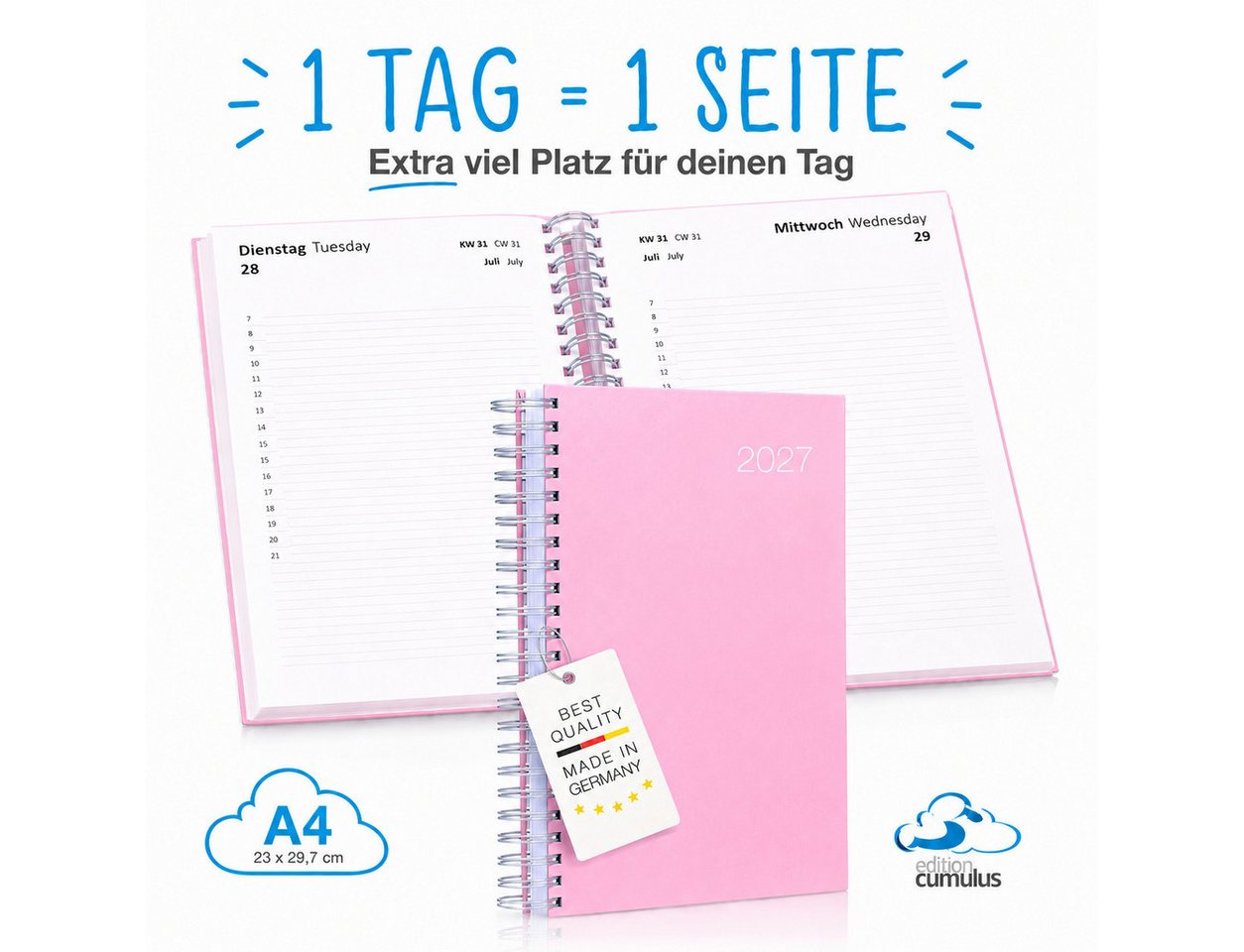 edition cumulus Terminkalender edition cumulus Der GROSSE DICKE Tageskalender 2027 DIN A4 1Tag=1Seite, 1 Tag pro Seite, DIN A4, FSC-Papier, Notizbereich, Made i – Bild 2 von 5