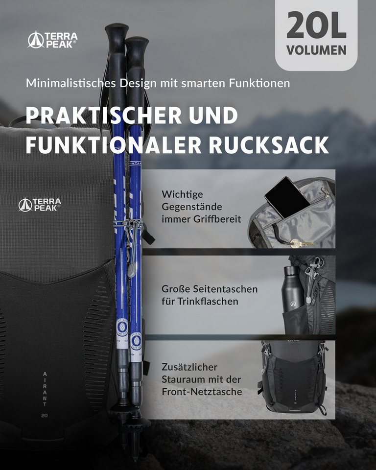 Terra Peak Wanderrucksack Airant 20, Rucksack klein mit belüftetem Netzrücken 20 Liter – Bild 3 von 5