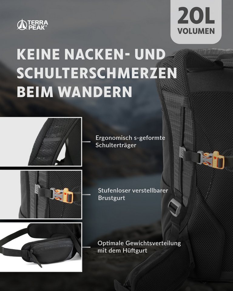 Terra Peak Wanderrucksack Airant 20, Rucksack klein mit belüftetem Netzrücken 20 Liter – Bild 4 von 5