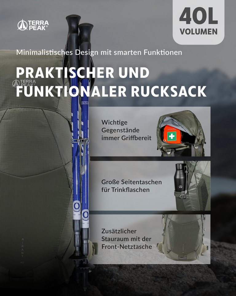 Terra Peak Wanderrucksack Airant 40, Rucksack mit belüftetem Netzrücken groß, 40 Liter – Bild 3 von 5