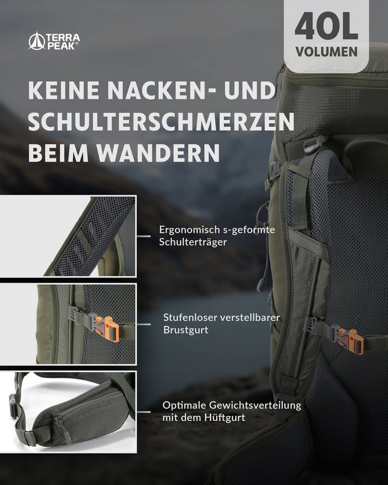 Terra Peak Wanderrucksack Airant 40, Rucksack mit belüftetem Netzrücken groß, 40 Liter – Bild 4 von 5