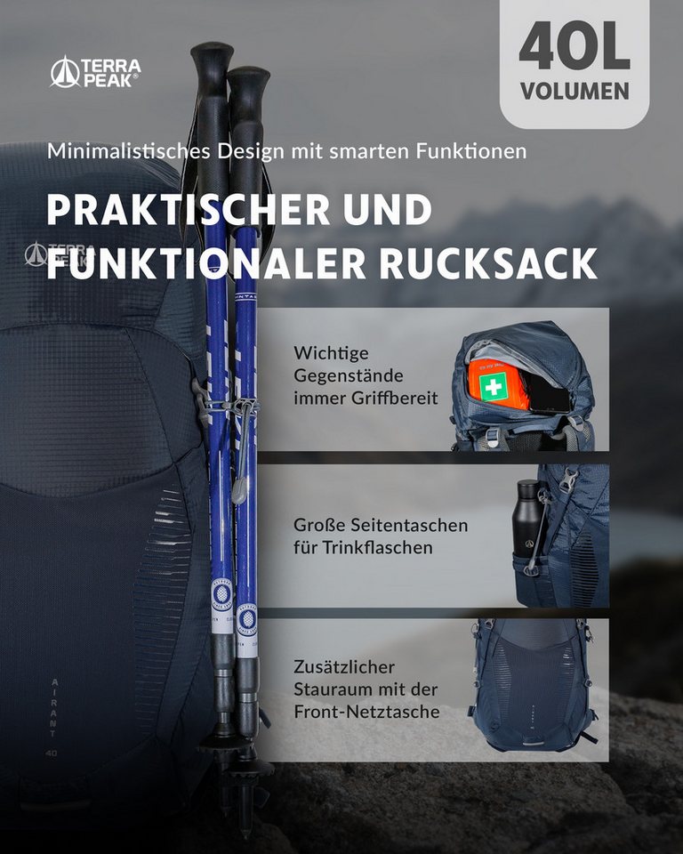 Terra Peak Wanderrucksack Airant 40, Rucksack mit belüftetem Netzrücken groß, 40 Liter – Bild 3 von 5