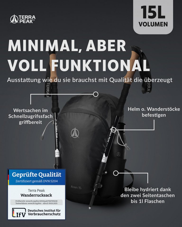 Terra Peak Wanderrucksack Aren 15, Rucksack zum Wandern, klein, 15 Liter Volumen, für Damen und Herren – Bild 3 von 5
