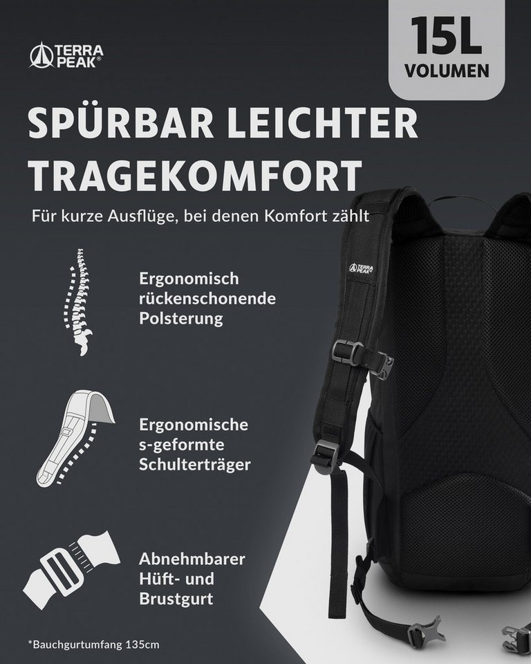 Terra Peak Wanderrucksack Aren 15, Rucksack zum Wandern, klein, 15 Liter Volumen, für Damen und Herren – Bild 4 von 5
