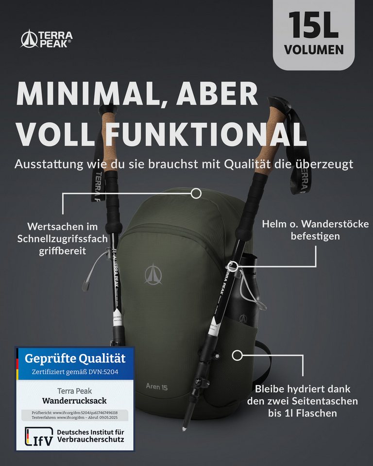 Terra Peak Wanderrucksack Aren 15, Rucksack zum Wandern, klein, 15 Liter Volumen, für Damen und Herren – Bild 3 von 5