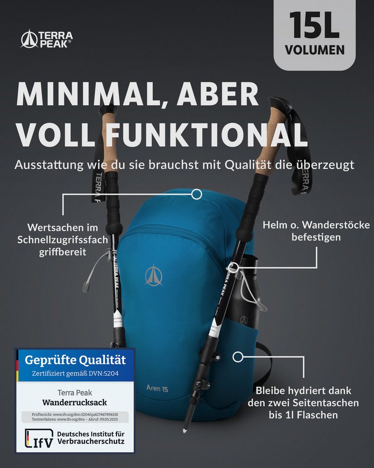 Terra Peak Wanderrucksack Aren 15, Rucksack zum Wandern, klein, 15 Liter Volumen, für Damen und Herren – Bild 3 von 5