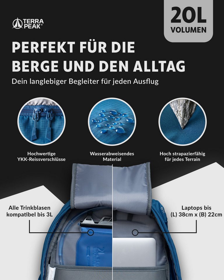 Terra Peak Wanderrucksack Flex 20, 20L klein mit YKK Reißverschluss Trekkingrucksack mit Hüftgurt – Bild 5 von 5