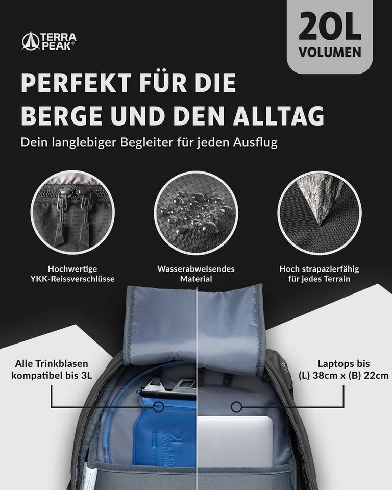 Terra Peak Wanderrucksack Flex 20, 20L klein mit YKK Reißverschluss Trekkingrucksack mit Hüftgurt – Bild 5 von 5