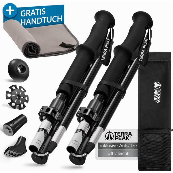 Terra Peak Wanderstöcke faltbar, ultraleicht, kleines Packmaß, bis 135 cm einstellbar, Set aus 2 Stöcken, Tragetasche, Gummipuffer, Handtuch