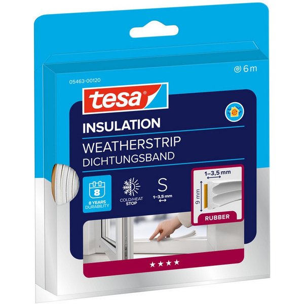 tesa Dichtungsband INSULATION Dichtungsband S -Selbstklebende Gummidichtung, (Packung, 1-St., Dichtungsband S weiß - 6 m x 9 mm x 4 mm), zum Isolieren von Spalt