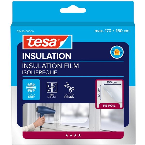 tesa Fensterfolie INSULATION Fenster-Isolierfolie - Transparente Isolierfolie, transparent, glatt, zur Wärmedämmung an Fenstern - Inklusive praktischer Klebelös