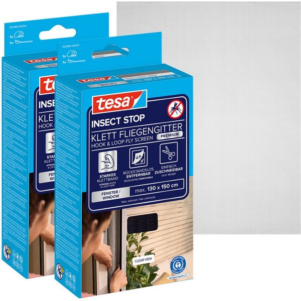 tesa Fliegengitter-Gewebe Klett Fliegengitter Premium für Fenster, Insektenschutz mit Klettband, (Packung, 2-St., Fliegennetz, Klettband, Andrück und Schneidehi