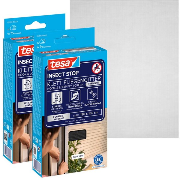 tesa Fliegengitter-Gewebe Premium für Fenster, Insektenschutz mit Klettband, (Packung, 2-St., Fliegennetz, Klettband, Andrück und Schneidehilfe), selbstklebende