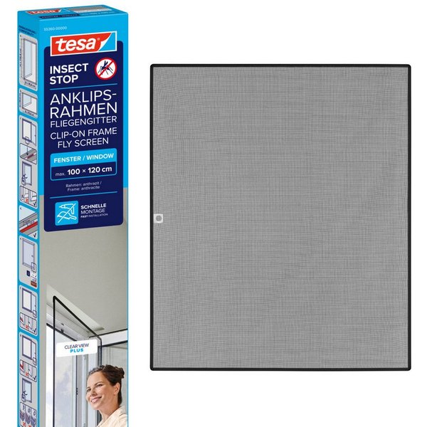 tesa Insektenschutz-Fensterrahmen Anklips-Rahmen Fliegengitter für Fenster, Anthrazit (Durchsichtig), (Packung, 1-St., inkl. Fiberglas-Netz in Anthrazit, Rahmen