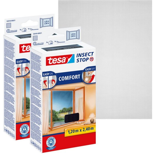 tesa Insektenschutz-Fensterrahmen Insect Stop Comfort Fliegengitter bodentiefe Fenster - 1.2m : 2.4m, (Packung, 2-St., Fliegennetz, Klettband, Andrück und Schne