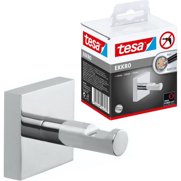 tesa Klebehaken EKKRO Bademantelhaken Chrom, Badezimmer, (Packung, EKKRO), Handtuchhalterung selbstklebend & ohne Bohren - silber glänzend