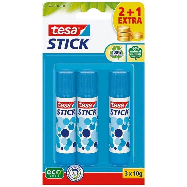tesa Klebestift Stick ecoLogo®, (3-tlg), 3er Set, Steckkappe mit Rollstopp, 3x 10 g