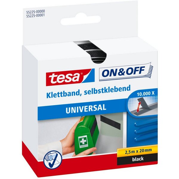 tesa Klett-Klebeband ON & OFF Extra Strong Klettband (Packung, 1-St) selbstklebendes Klettband - extra stark - schwarz - 2,5 m : 20 mm