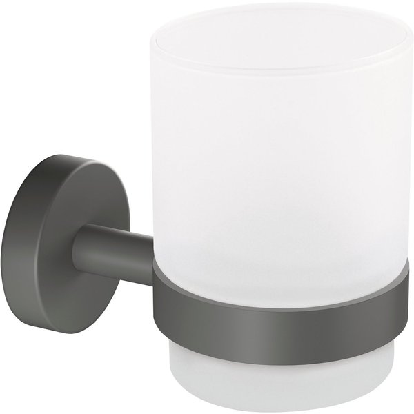 tesa Zahnputzbecher MOON Zahnputzbecherhalter ohne Bohren - 9,6 cm : 7 cm : 10,9 cm, (Packung, MOON Grey), selbstklebender Zahnbürstenhalter - grau