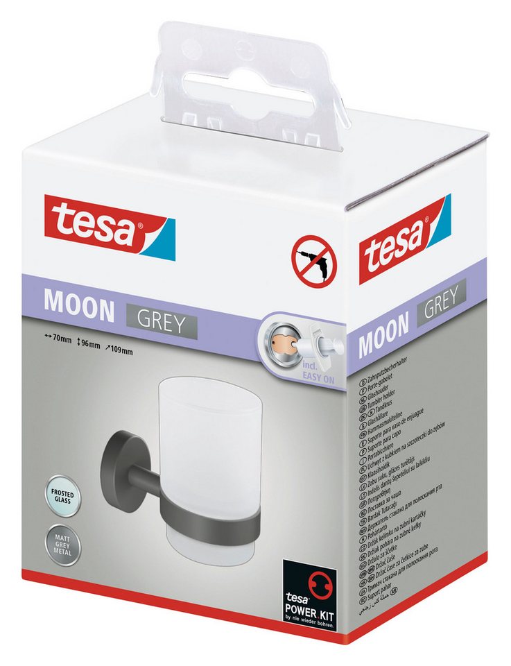 tesa Zahnputzbecher MOON Zahnputzbecherhalter ohne Bohren - 9,6 cm : 7 cm : 10,9 cm, (Packung, MOON Grey), selbstklebender Zahnbürstenhalter - grau – Bild 5 von 5