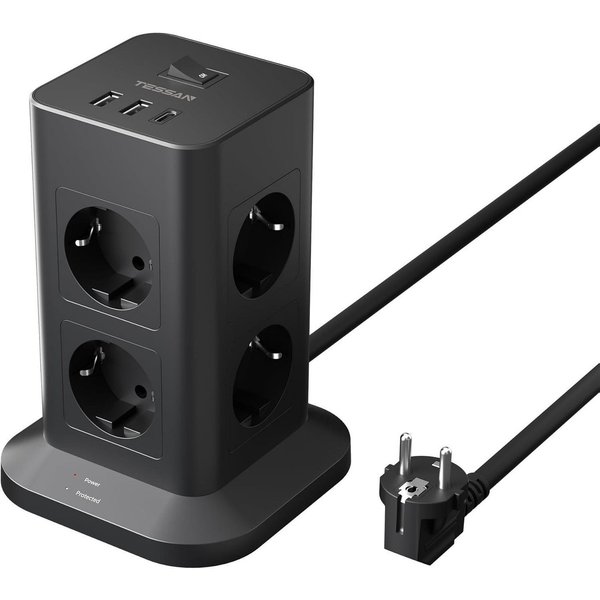 TESSAN 8 Fach Mehrfachsteckdose 3 USB(2USB,1 USB C) Steckdosenleiste Kabel 2m Mehrfachsteckdose (Ein- / Ausschalter, USB-Anschlüsse, 2M Kabel, Überspannungsschu
