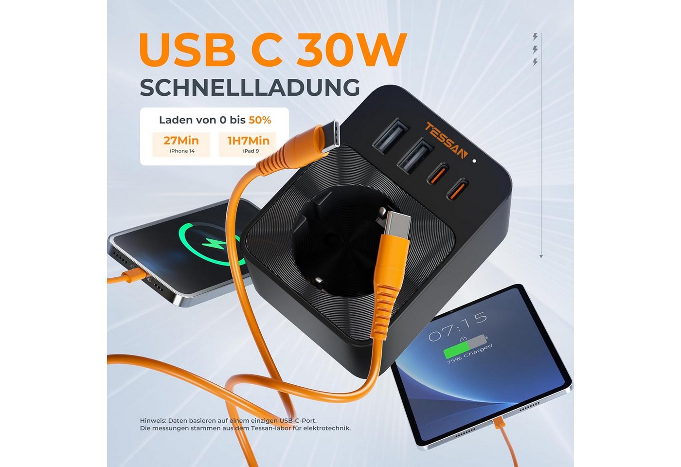 TESSAN Steckdose Schutzadapter mit 2 USB-C 2 USB-A Mehrfachadapter Schwarz Mehrfachsteckdose 1-fach (2 USB-A und 2 USB-C, Schwarz, 5 in 1 Mehrfachstecker) – Bild 3 von 5